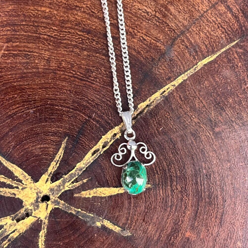 Vintage Malachite Necklae in Sterling Silver Southwestern Jewelry Fairycore